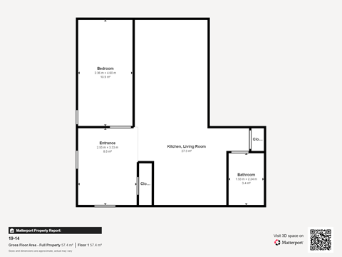 Floor plan for 1 bed, 1 bath, 502 sqft